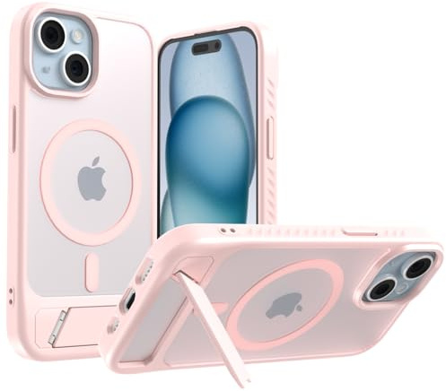 LUNOVATE for iPhone 15 Plus/14 Plus Case with Invisible Stand, N52 Magnets 14FT Shockproof Protective Cover, [20W Fast Charging] Anti-Slip Magnetic Phone Case for iPhone 15 Plus/14 Plus - Pink Matte