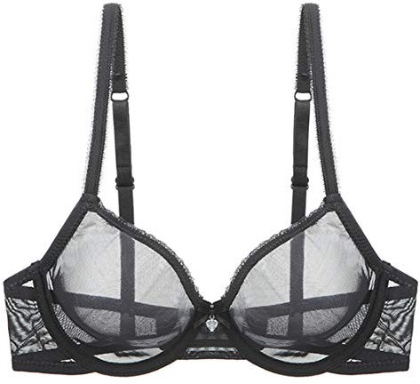 Sexy Sheer See Through Bras Unlined Underwire Lace Mesh Non Padded Ultra Thin Clear Bralette Black, 38DD