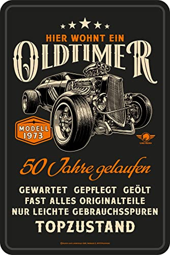Deko Blechschild als Geschenk zum 50. Geburtstag: Oldtimer Modell 1975 in Topzustand - 20x30cm