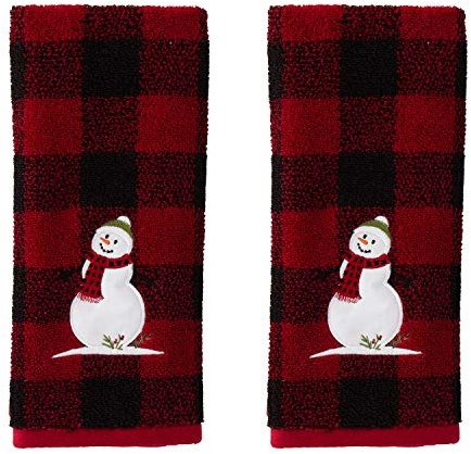 SKL Home by Saturday Knight Ltd. Woodland Winter, Hand Towel Set, Red | 100% Cotton. 450 GSM. Soft, absorbent jacquard. Plaid buffalo check with embroidery. For the bathroom, kitchen or bar & gift.
