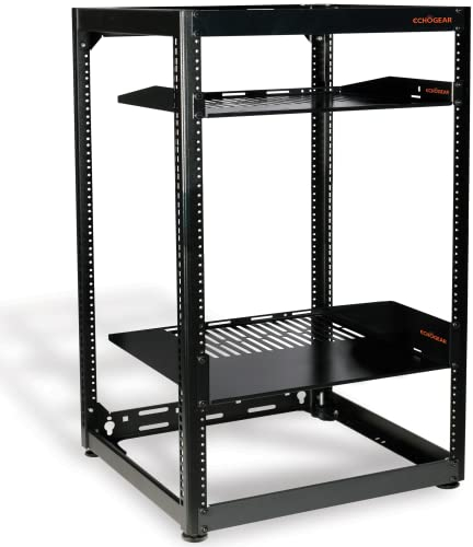 ECHOGEAR 20U Open Frame Rack für Server & AV-Gear – Wandmontierbares Design inklusive 2xbelüfteten Regalen, 25xRack-Befestigungsschrauben, 4xNivellierfüße, 4xRegalanschläge und 2xSicherungsgurte
