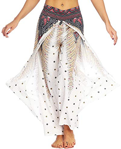 Nuofengkudu Damen Sommerhose Hippie Lange Hosen mit Schlitz Lockere Weites Bein Palazzo Bunt Flowy Yogahose Luftige Elegant Leicht Freizeit Sommer Strand Urlaub(Braun Pfau,Größe XL,Etikett L/XL)