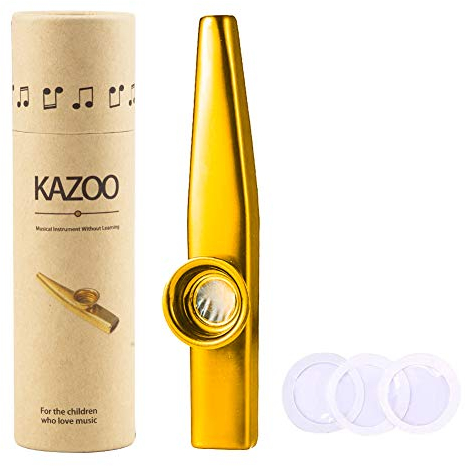 WANDIC Kazoo und 3 Membranflöten aus Aluminiumlegierung, mit Vintage-Geschenkbox，Gold, Instrument Profi Kazoo für Alle Altersgruppen, Guter Begleiter für Gitarre