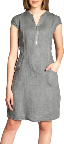 Caspar SKL040 stylisches knielanges Damen Sommer Leinenkleid mit Reißverschluss Ausschnitt