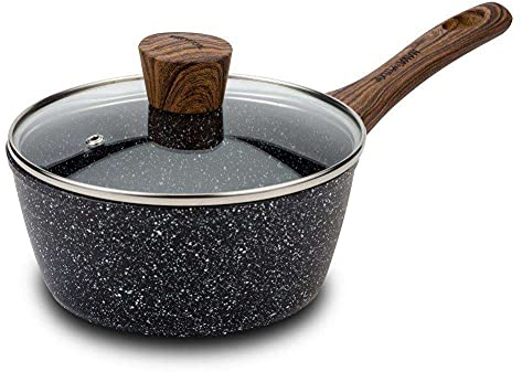 NAVA Stielkasserolle NATURE | Ø 18 CM, 1,75 L | Kochtopf mit Deckel Granitbeschichtung | Für Gasherd und Induktion