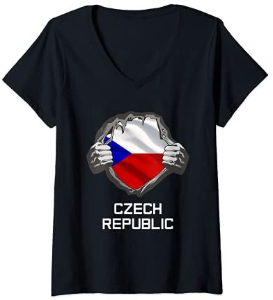 Damen Tschechien Flagge Fußball Team Fan Trikot Frauen Mädchen T-Shirt mit V-Ausschnitt