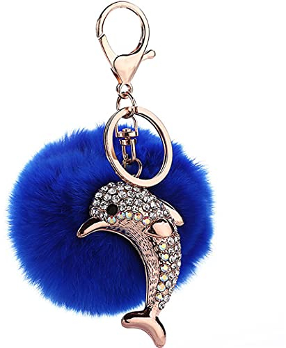 Canarea Schlüsselanhänger plüsch ball strass Glitzer Taschenanhänger bommel Keychain Elegant Plüsch-Kugel Auto-Anhänger Pompom mit Strass Mini-Delfin Weich Schlüsselring (Blau)
