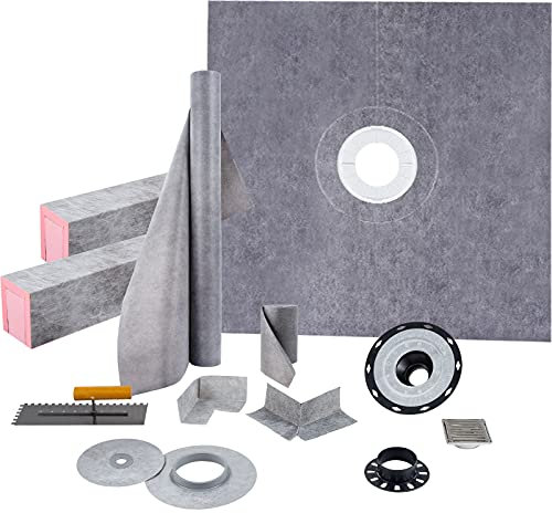 VEVOR Kit receveur de douche 1219x1219 mm seuil de douche étanche avec drain central PVC, grille acier inoxydable 10 cm, 2 bordures de douche et truelle découpables, bac de douche pour salle de bain