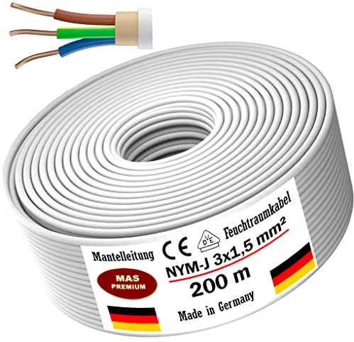MAS Premium Feuchtraumkabel Stromkabel 5-200m Mantelleitung NYM-J 3x1, 5 2,5 4 6 10 oder 5x1,5 2,5 4 6 10 16 Elektrokabel für feste Verlegung (NYM-J 3x1, 5 mm², 200m)