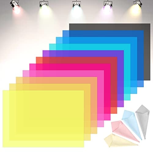 Farbfolien Gel,15Pcs Farbfilter Folie,29.7cm*21cm Farbfolien für Scheinwerfer Hitzebeständig,11 Farben Transparent Farbige Farbkorrektur für Led Lampen,Foto Studio.