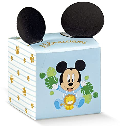 Ingrosso e Risparmio Kit 12 Scatoline per Confetti celesti con Orecchie Nere Topolino Disney - confettate e bomboniere Nascita Maschietto
