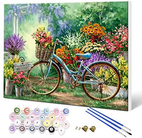 Fuumuui Pintura por números, para adultos y niños, para principiantes, cuadro con marco, incluye pinceles y pinturas acrílicas, 40 x 50 cm, paisaje, flores y bicicleta
