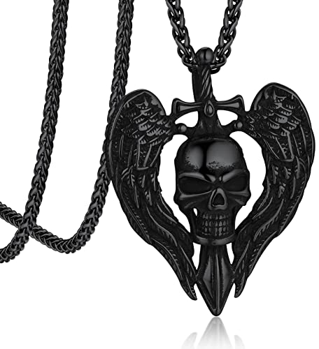 Bandmax Herz Flügel Totenkopf Halskette Herren Anhänger Panzerkette Edelstahl Schwarz Schwert Totenkopf Kette Schädel Kette Piraten Kette Punk Schmuck Piraten Accessoires Länge 55CM+5CM