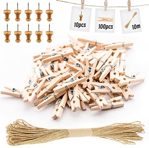 100Pcs Wooden Pegs, Clothes Pegs for Washing Line Small Pegs Wood Craft Clips with 10 Thumbtacks and 10m Twine for Hanging Photos, Arts and Craft (3.5×0.7cm / 1.4×0.3inch)