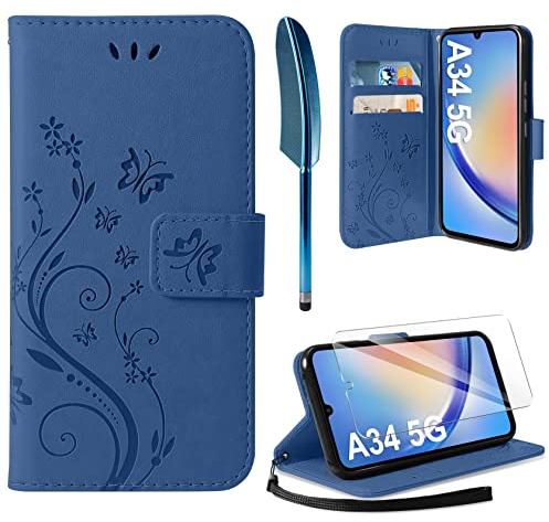 AROYI Lederhülle Kompatibel mit Samsung Galaxy A34 5G Hülle und Schutzfolie,Wallet Handyhülle Leder Tasche Kartensteckplätzen Schutzhülle Kompatibel mit Samsung Galaxy A34 5G Dunkel Blau