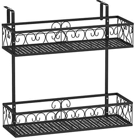 TANGZON 2-Tier Hanging Railing Planter, Metal Hanging Balcony Flowerpot Holder Basket, Indoor Outdoor Decorative Potted Plant Rack Over The Rail Fence Pots Stand for Patio Porch Garden