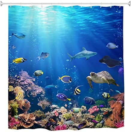 goodbath Fisch Duschvorhang, Ozean Anti Schimmel Stoff wasserdichte Badevorhänge für Badezimmer Badewanne, 180 x 180 cm, Hellblau
