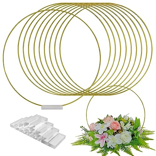 TEKXYZ 35,5cm hohen Gold Runde Hochzeit Mittelstück Vase Floral Hoop Stand mit Acrylbasis-Packung Mit 10 Stück (Blumen Nicht Enthalten)