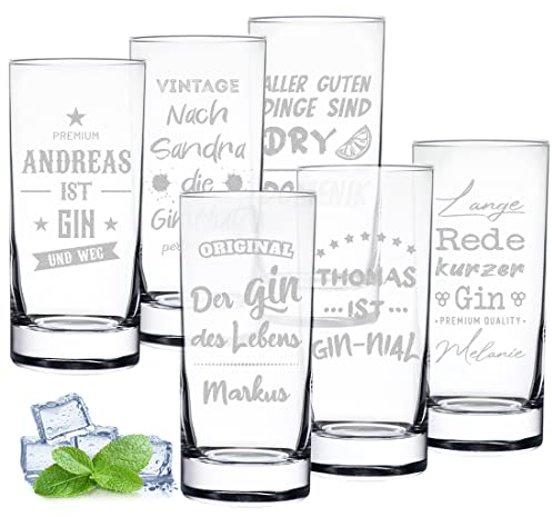 polar-effekt Gin Gläser 6er-Set mit personalisierter Gravur - Longdrinkgläser mit Namen - ideal für Cocktails und Longdrinks - Geschenk für Männer und Frauen