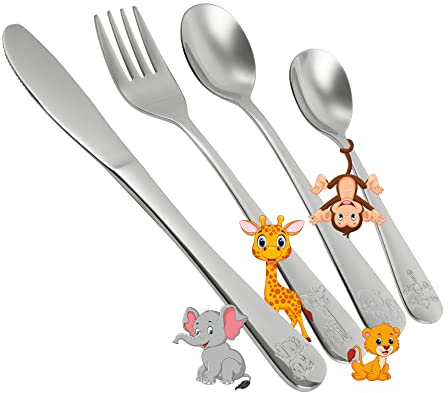 Conjunto de Cubertería Safari para Niños 4 Piezas - Kit con Diseños de Animales - Incluye Cucharas, Cuchillo y Tenedor - Ideal para Niños Desde 3 Años