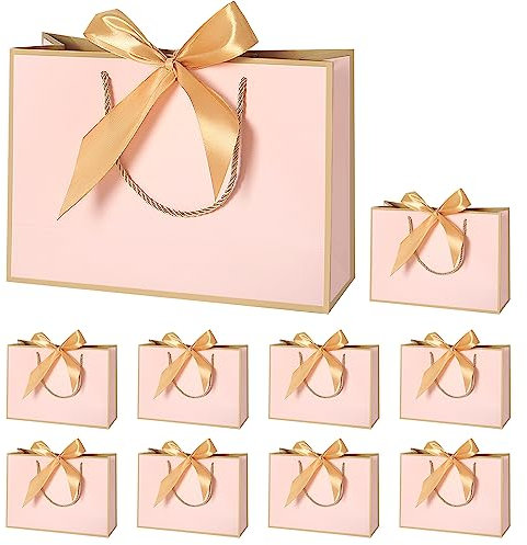 TACHIO 10 Pack Gift Bags with Golden Bow Ribbon, Luxury Paper Bags, Present Bags for Birthday,Weddings,Festival Celebration,Baby Showers,Boutiques,32x25x10cm,Pink with frame