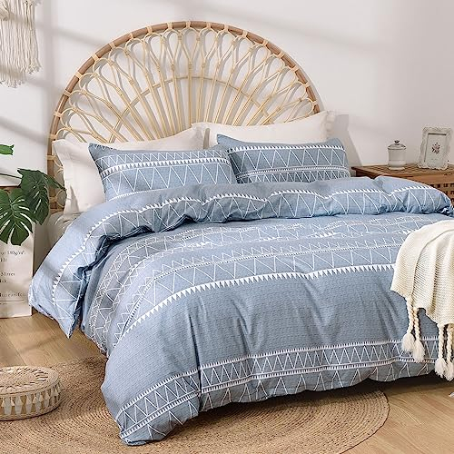 Lekesky King Size Duvet Cover Sets Blue Bedding - Boho Stripe Print Bedding Sets King Size (1x Quilt Cover, 2x Pillowcases) Ultra-Soft Microfiber Blue Duvet Cover