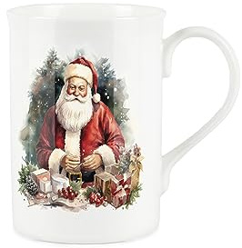 Christmas Mug - Watercolour Scene Father Christmas Santa Claus - Bone China Mug Coffee/Tea Present