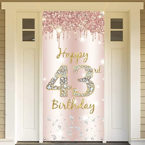 43. Geburtstag Deko Frauen, Happy 43rd Birthday Door Banner Roségold, 43. Geburtstag Stoff Schild Plakat Türdekoration, Geburtstagsfeier Willkommensschild