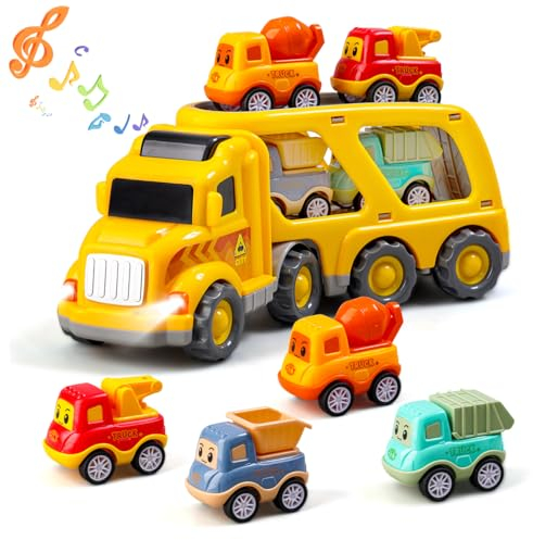 Daioller LKW Spielzeug für Kleinkind 2 3 4 5 Jahre,Reibung Power Spielzeug Auto mit Sound & Lichter, 5 in 1 Auto Kinder Transporter Spielzeug ab 1-6 Jahre Jungen und Mädchen