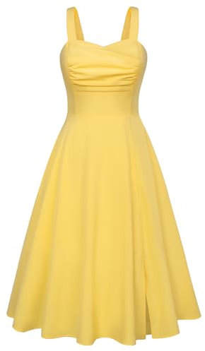 Belle Poque Robe midi plissée sans manches pour femme style années 1950, jaune, XL