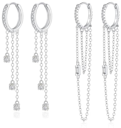 Kamise Creolen Silber Ohrringe Hängend, 2 Paar 925 Sterling Silber Creolen Ohrringe Set für Damen, Hypoallergen Hängeohrringe mit Lange Quaste Ketten, Weißgold Kreolen Ohrringe Ohrhänger mit Zirkonia