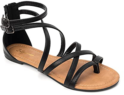 HEVA Damen Casual Riemchensandalen Komfort Einstellbare Flache Sandalen（8UK 42EU,Schwarz）
