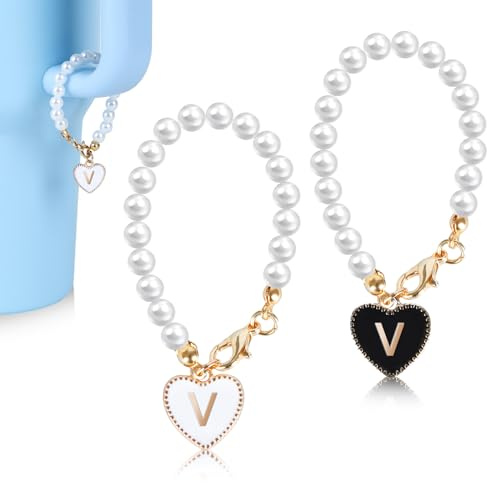 CoziCorner Stanley Cup Accessories Premium Set, Pearl Letter Charm for Stanley Cup/Simple Modern Tumbler, 2PCS Heart Shape Initial Name ID Personalized Handle Accessories (V)