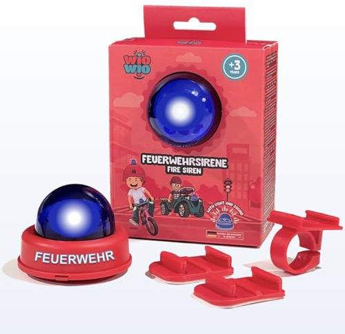 wiowio Sirena dei vigili del fuoco per bambini, luce blu con supporti rimovibili per auto antiscivolo, casco, girante, manubrio, scooter, bicicletta, campanello, regalo giocattolo (rosso, set di 3