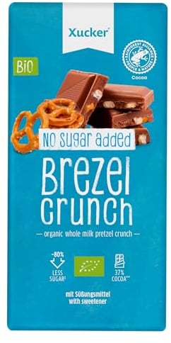 Xucker Zuckerfreie Schokolade Brezel Crunch - Bio Schokolade ohne Zucker I Schokolade Zuckerfrei mit Erythrit Zuckererstaz gesüßt 100g I 37% Kakao Anteil I 80% weniger Zucker
