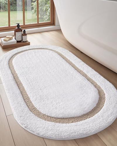 LUMI Tapis de bain antidérapant de qualité supérieure, super absorbant l'eau, ultra doux, lavable en machine, pour salle de bain, baignoire, chambre à coucher, 61 x 109,2 cm, blanc et beige