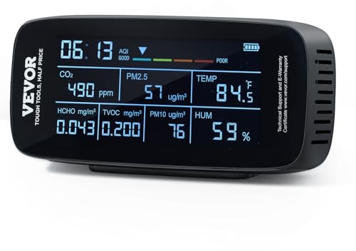 VEVOR Monitor de Calidad del Aire 9 en 1 para Probar Profesionalmente PM1.0/2.5/10, HCHO TVOC AQI CO2 Temperatura, Humedad, Sensor de Calidad del Aire con Umbrales de Alarma para Interior y Exterior