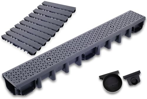 Durabern Entwässerungsrinne Set - 98 mm Ablaufrinne Modern Line für Garten, Hof & Terrasse, PKW-befahrbar, inkl. 2 Ablaufstutzen (DN 110, DN 50) (10 m, Schwarz)