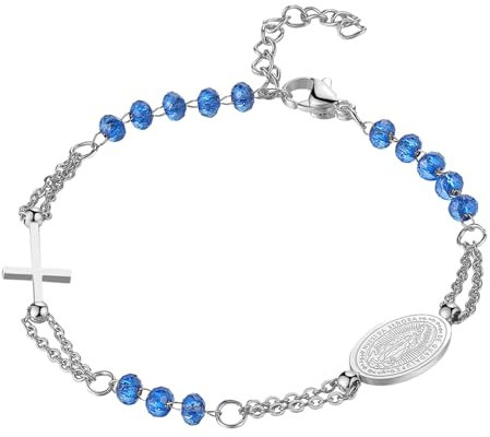 Flongo Katholisches Rosenkranz Armband für Damen : Religiöses Armkette mit Kreuz Anhänger Blau Silber Perlen Jungfrau Maria Kette Edelstahl Gebet Glaube Schutz Armreif Virgin Mary