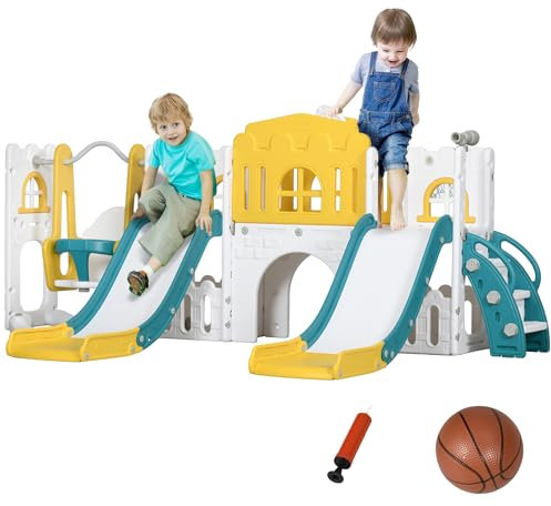 AIYAPLAY 8 in 1 Parco Giochi per Bambini da Esterno Età 1-3 Anni con 2 Scivoli e Altalena da Giardino, Scaletta, Canestro Basket, Palla, Passaggio, Tunnel, Telescopio e Area per Riporre, Giallo