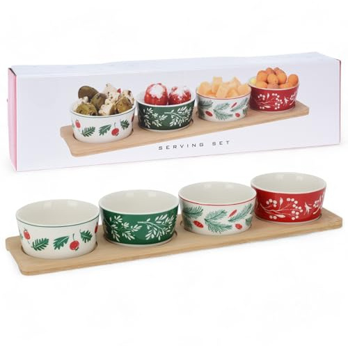 MIJOMA Weihnachtliches 5-teiliges Servierset – Holzbrett mit 4 Porzellanschalen – Perfekt für Tapas, Oliven, Käsewürfel, Soßen & Dips – Festliche Designs für den Weihnachtstisch