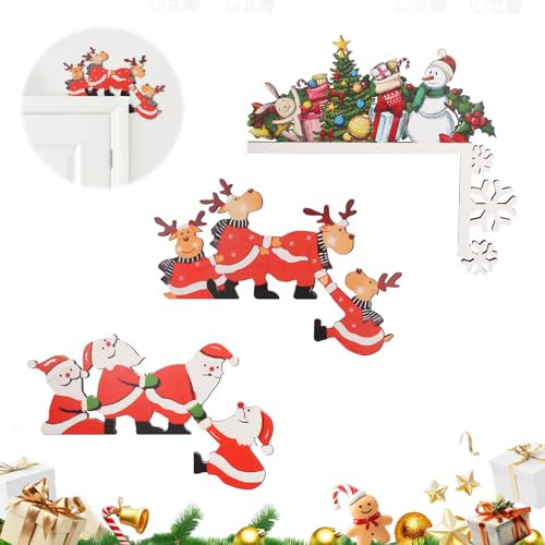 Figarge Türrahmen Weihnachtsdeko Weihnachten Elch Weihnachtsmann Creative Türecke Dekoration aus Holz Geschenke Türdeko für Wände Türen und Fenster Weihnachtsecktürrahmen Deko, 3Stück