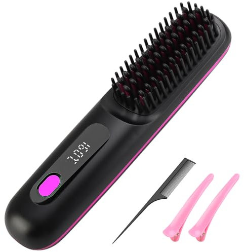 Go Brush Pro, Cordless Hair Straightener Comb, Ionic Heated Hair Brush, Ceramic Heated Straightening Brush not Damage Hair, Portable Hair Straightener Brush for Travel for All Hair Types (Black)