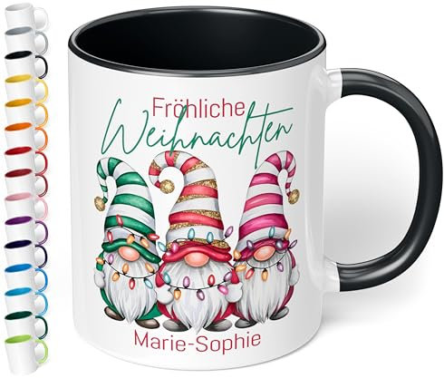 True Statements Geschenk zu Weihnachten: Tasse „Fröhliche Weihnachten“ mit 3 bunten Wichteln - personalisiert mit Namen - Geschenkidee Adventszeit, Keramik, ca. 330ml, Schwarz