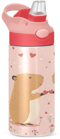 Sevdomey Linda botella de agua Capybaras para niños y niñas, de acero inoxidable, aislada a prueba de fugas, 350 ml, con pajilla, para escuela, guardería, viajes, deportes