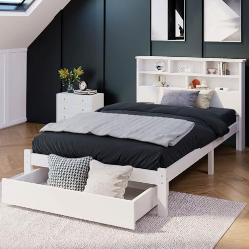 Aptliton Bed Frame with Shelves, Single White Wooden Storage Bed, Underbed Drawer - 3FT Single (90 x 190 cm)