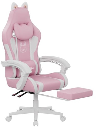 bigzzia Silla Gaming,Silla Gaming ergonómica con Orejas de Gato para niñas y Adultos, Silla de Juegos de Ordenador Ajustable en Altura con reposacabezas y Soporte Lumbar de Masaje (Blanco Rosado)
