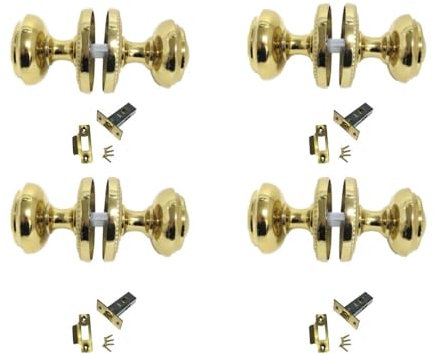 Epsom Door Handle Brass Plated Round Door Knob Set Including Tubular Latch - Georgian Style Sprung Internal and External Door Knobs for Mortice Locks and Tubular Latches. Sets 4