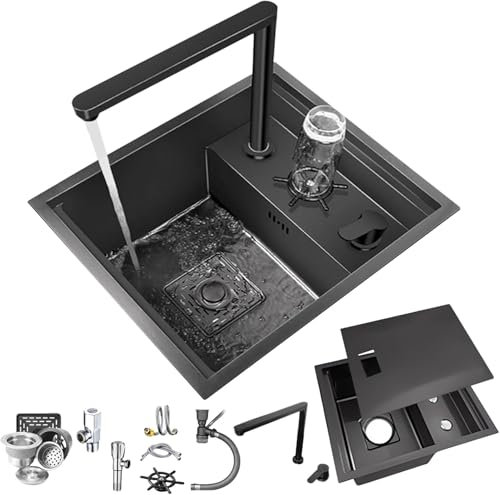 Évier Cascade Évier de Cuisine Noir Évier de comptoir/sous-comptoir Petit évier Invisible, adapté au Bar RV Cuisine Robinet Pliable intégré, Évier de Camping-Car à cuve Unique en a