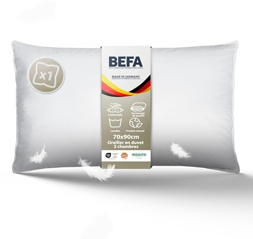 BEFA NATUR Daunenkissen 70x90 cm | 3-Kammer Kopfkissen | 90% Daunen & 10% Federkissen | 1380g Füllgewicht |Allergiker geeignet (NOMITE) | Tierwohl (DOWNPASS) | Oeko-TEX Klasse 1 | Made in Germany
